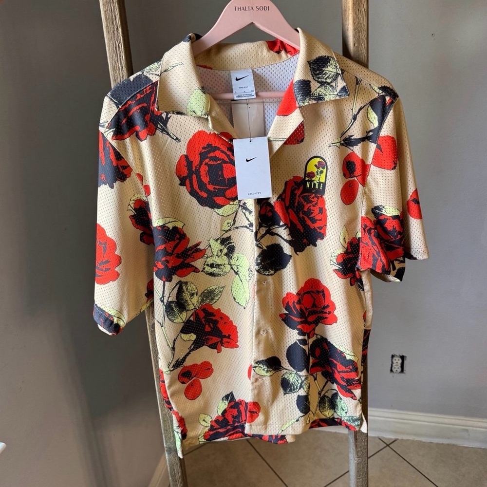 Nike Red and Black Floral Short Sleeve Button-Up Shirt